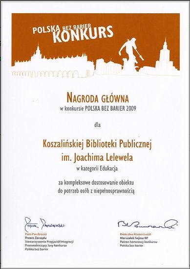 Dyplom dla Koszalińskiej Biblioteki Publicznej